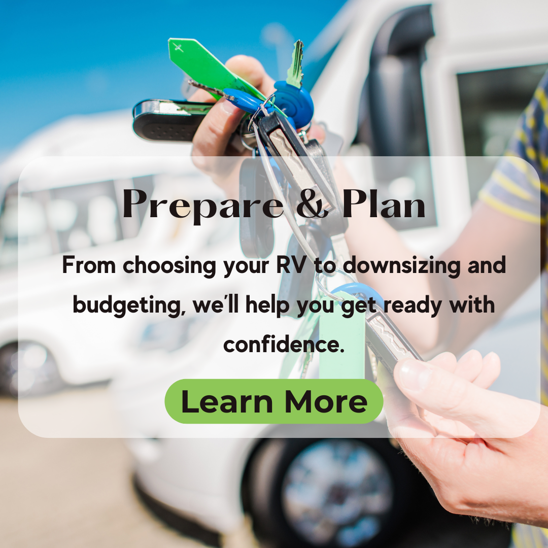 Person holding keys in front of a white RV, with text promoting RV preparation and planning guidance for those interested in full-time RV living.