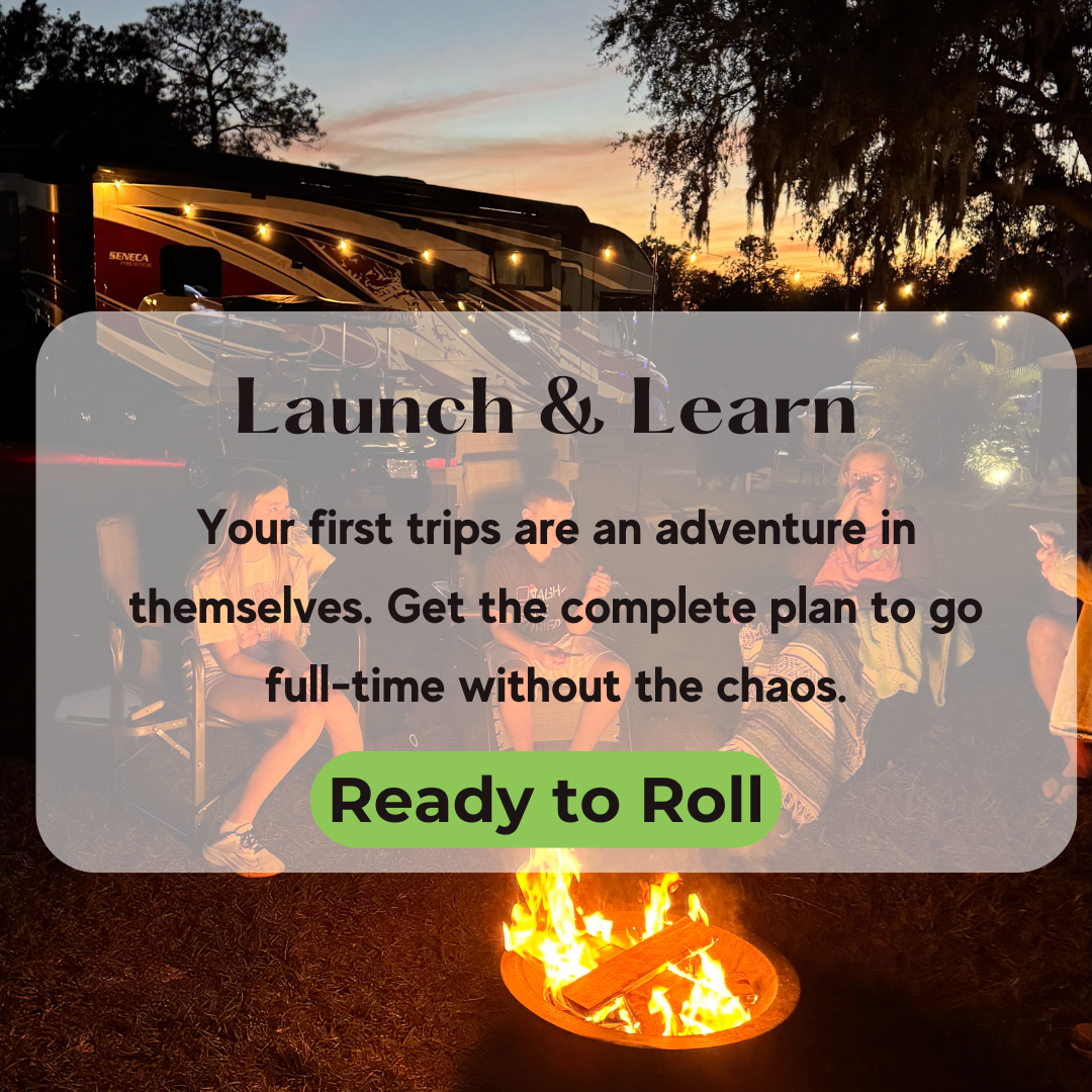 Three people sit by a campfire at night in front of an RV, with overlay text sharing a plan for stress-free full-time RV living.