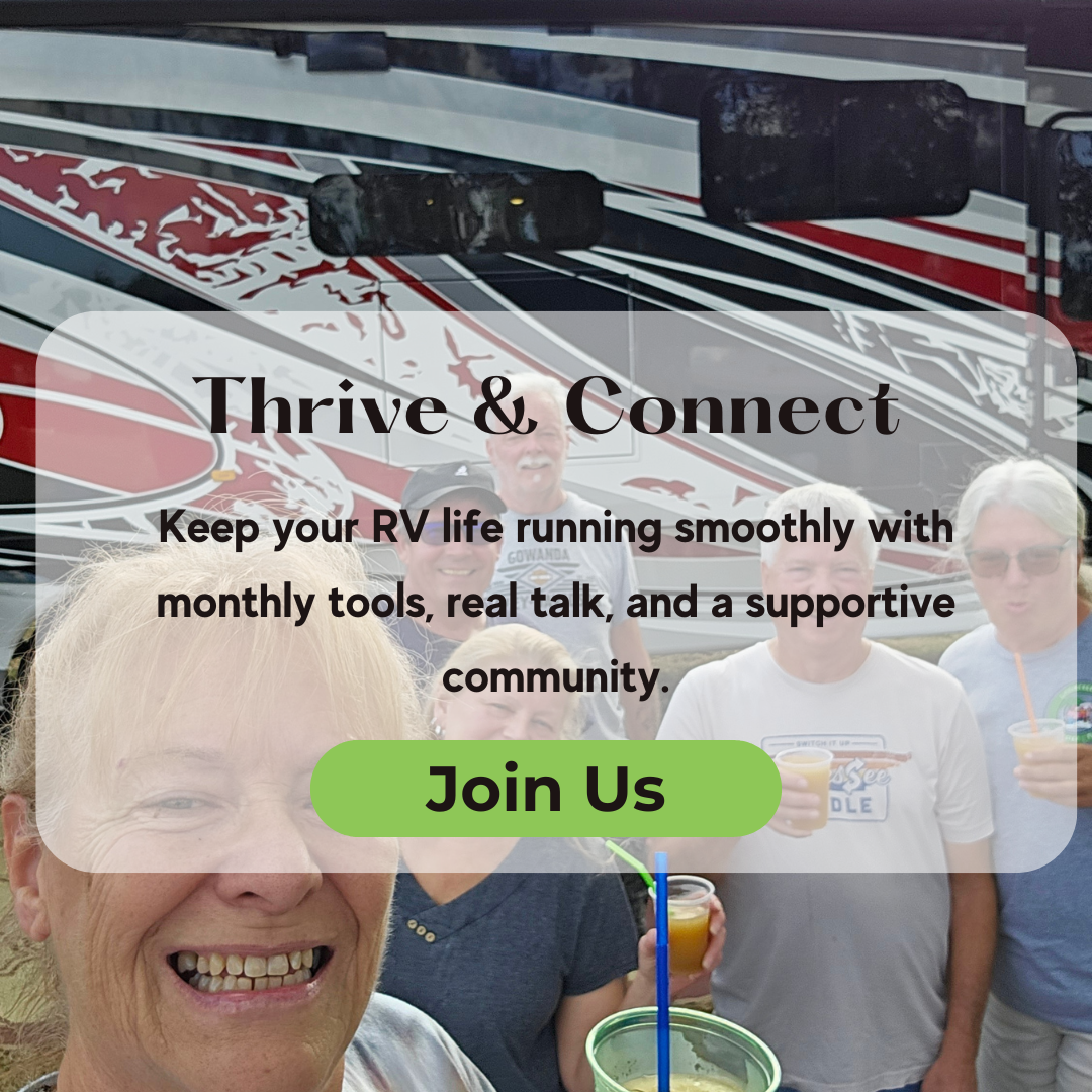 Four people holding drinks stand in front of an RV. Text overlay promotes joining a supportive full-time RV living community offering monthly tools and real talk.