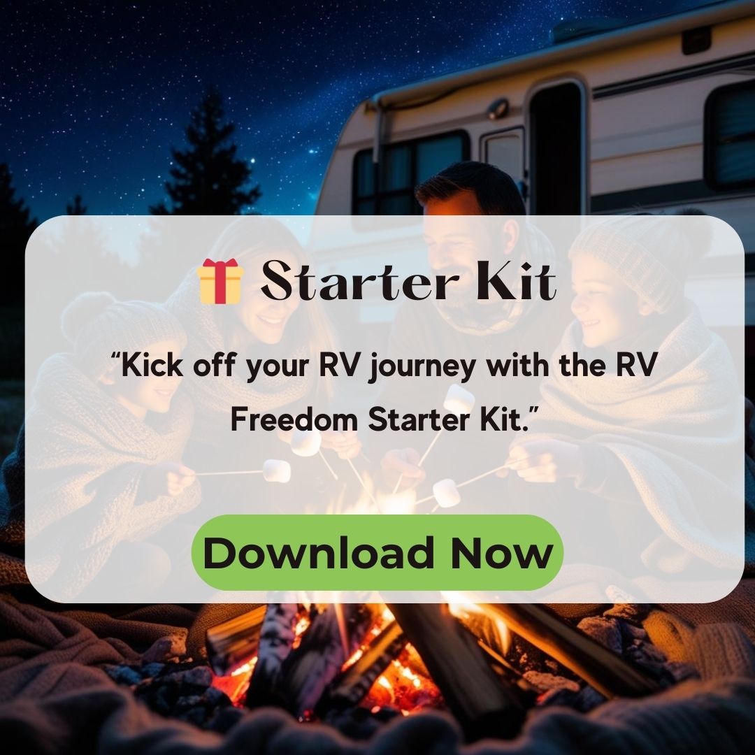A family sits by a campfire at night near an RV, embracing the joys of Simplified RV living. Text overlay promotes an "RV Freedom Starter Kit" with a "Download Now" button.