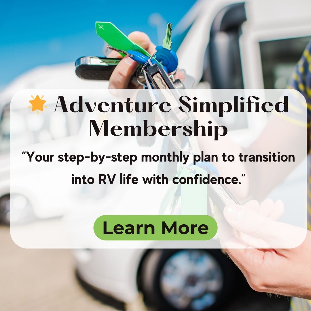 Close-up of a person holding keys in front of an RV. Text overlay promotes the "Adventure Simplified Membership" for a smooth transition into RV living, with a "Learn More" button.