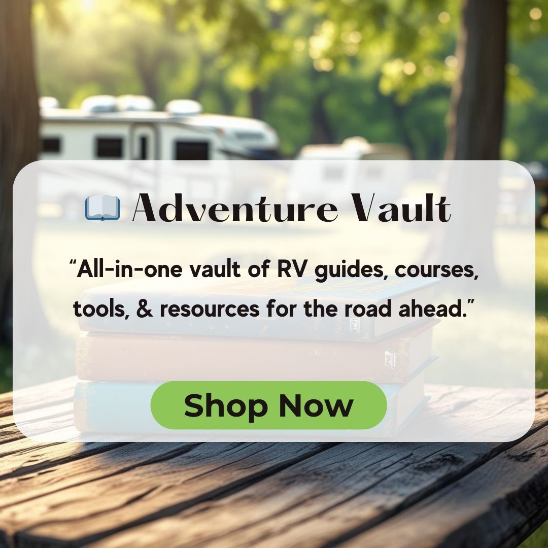 A promo image for "Adventure Vault" featuring RVs in the background and a text box advertising simplified RV living guides, courses, tools, and resources with a "Shop Now" button.