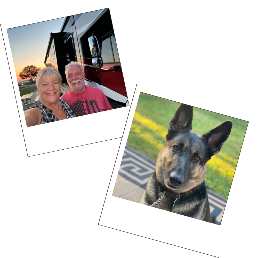 A smiling couple stands outside their new home—an RV—at sunset in one photo; the other shows their German Shepherd dog looking at the camera.