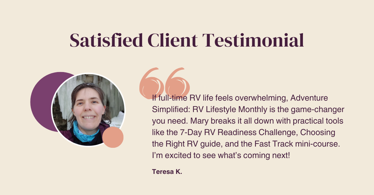 A woman smiles next to a testimonial about Adventure Simplified’s RV Lifestyle Monthly, praising its practical tools and resources for making an RV feel like a new home during full-time living.