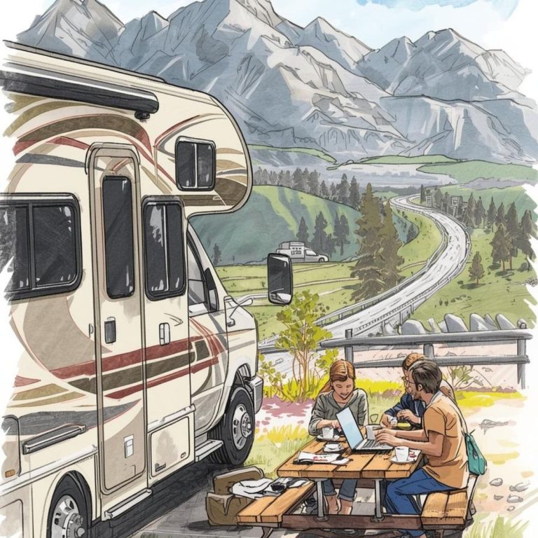 Three people sit at a picnic table with a laptop and papers beside an RV, enjoying the flexible lifestyle of RV life, with mountains, trees, and a winding road in the background.