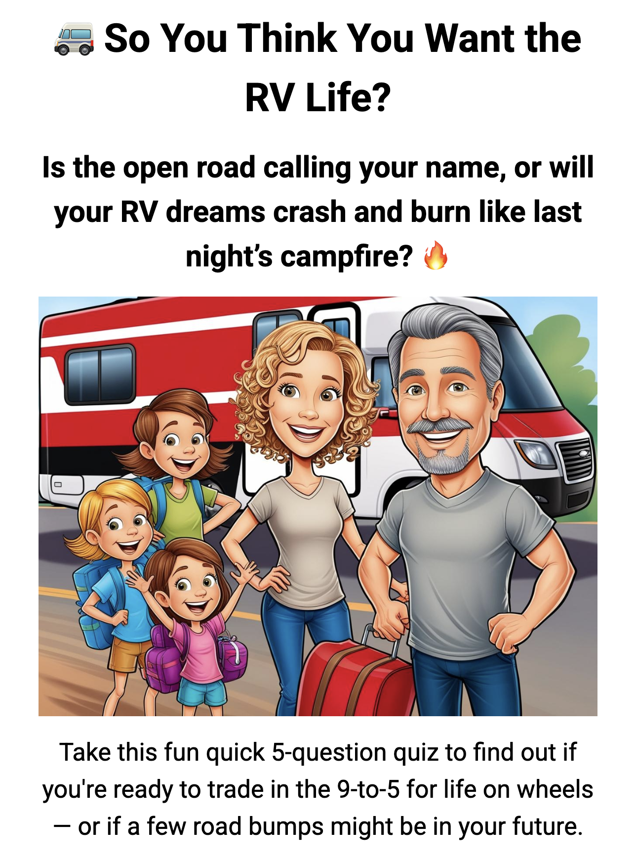 A smiling family of four stands in front of a large red RV, with a forest and campfire behind them. Text above invites you to take an RV lifestyle quiz and unlock access to our exclusive Freebie Vault.