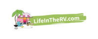 Logo for LifeInTheRV.com, sized at 200 x 80 px, features an RV, palm tree, flamingo, and grill beside green text on a white background—perfect for your website or YouTube channel.