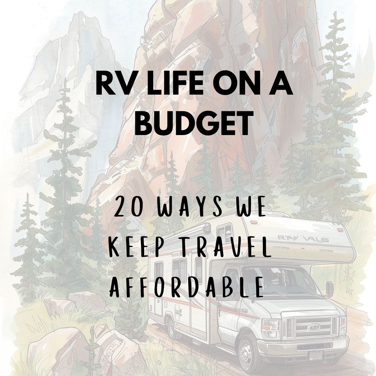 Illustration of an RV parked in a forested mountain area with the text "RV Life on a Budget: 20 Ways We Keep Travel Affordable" overlaid, capturing the spirit of affordable adventures and smart tips for RV life on a budget.