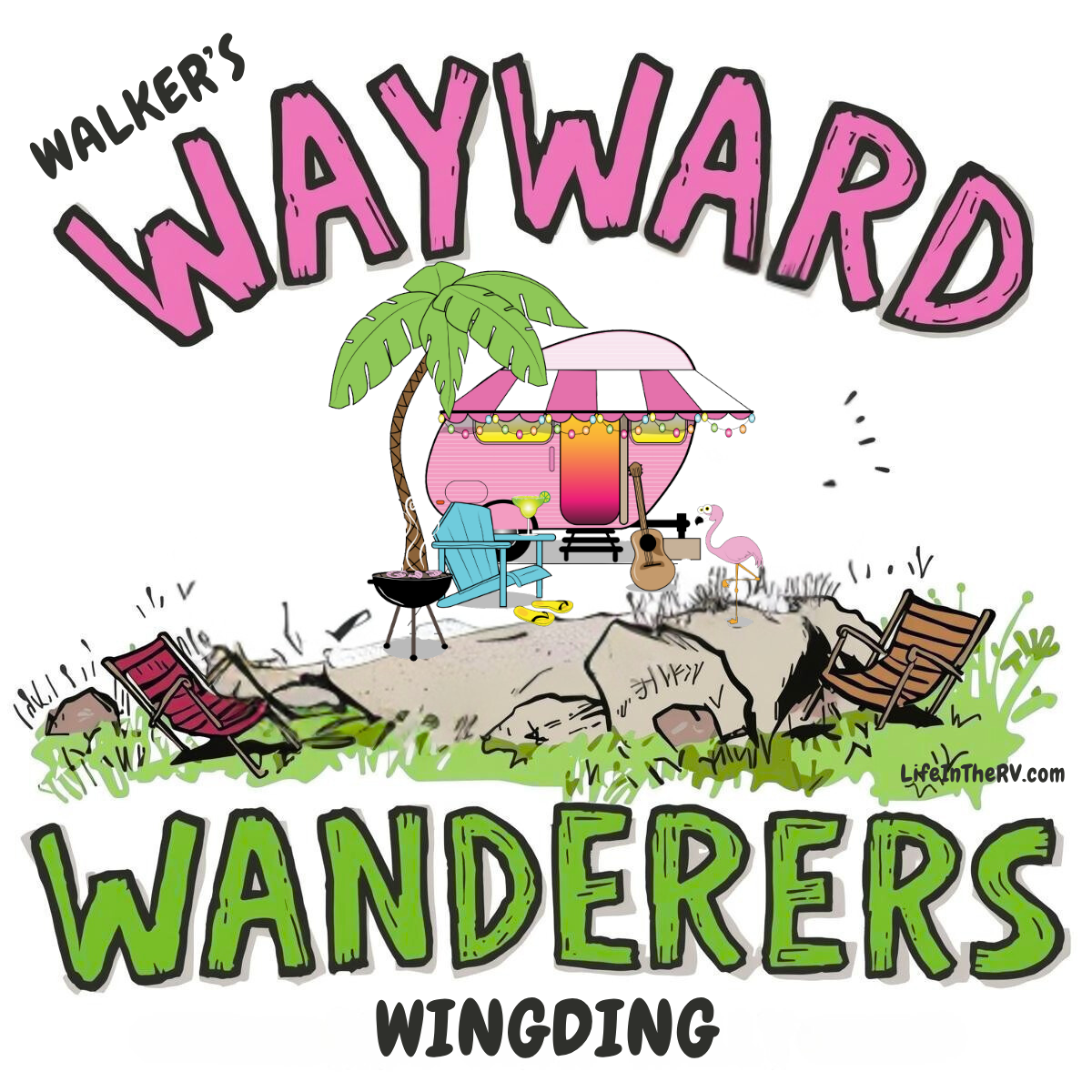 Illustration of a pink camper with palm tree, chairs, and outdoor items, with the text "Walker's Wayward Wanderers Wingding" in bold, playful fonts.