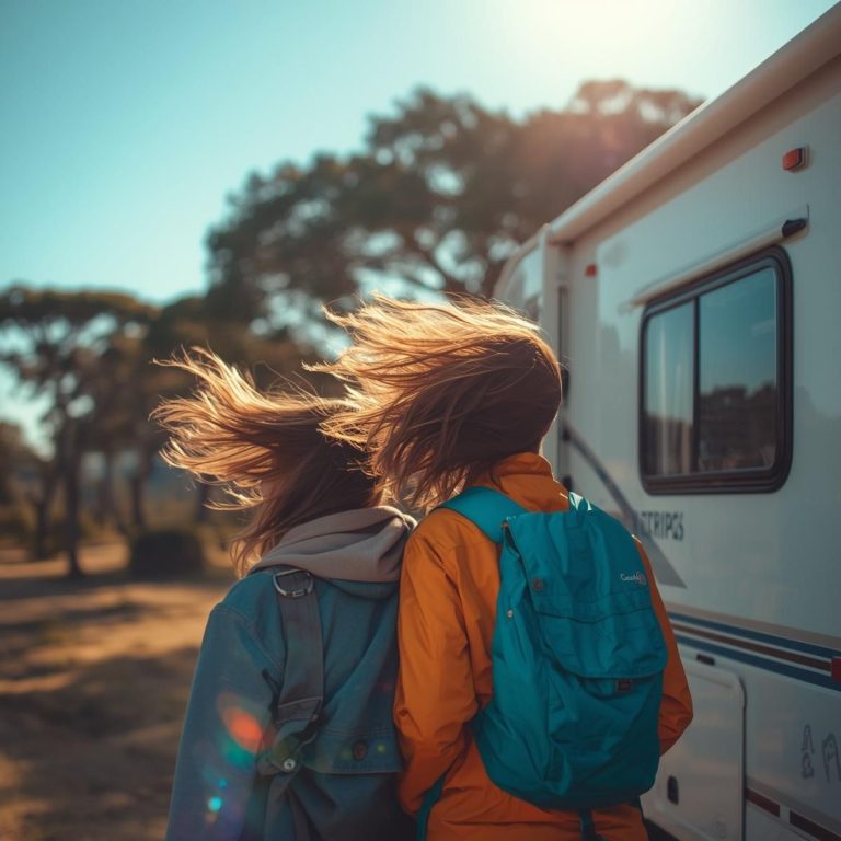 Two people with backpacks stand beside a camper van, their hair blown by the wind, enjoying the sunlight and trees while practicing RV wind safety on their outdoor adventure.
