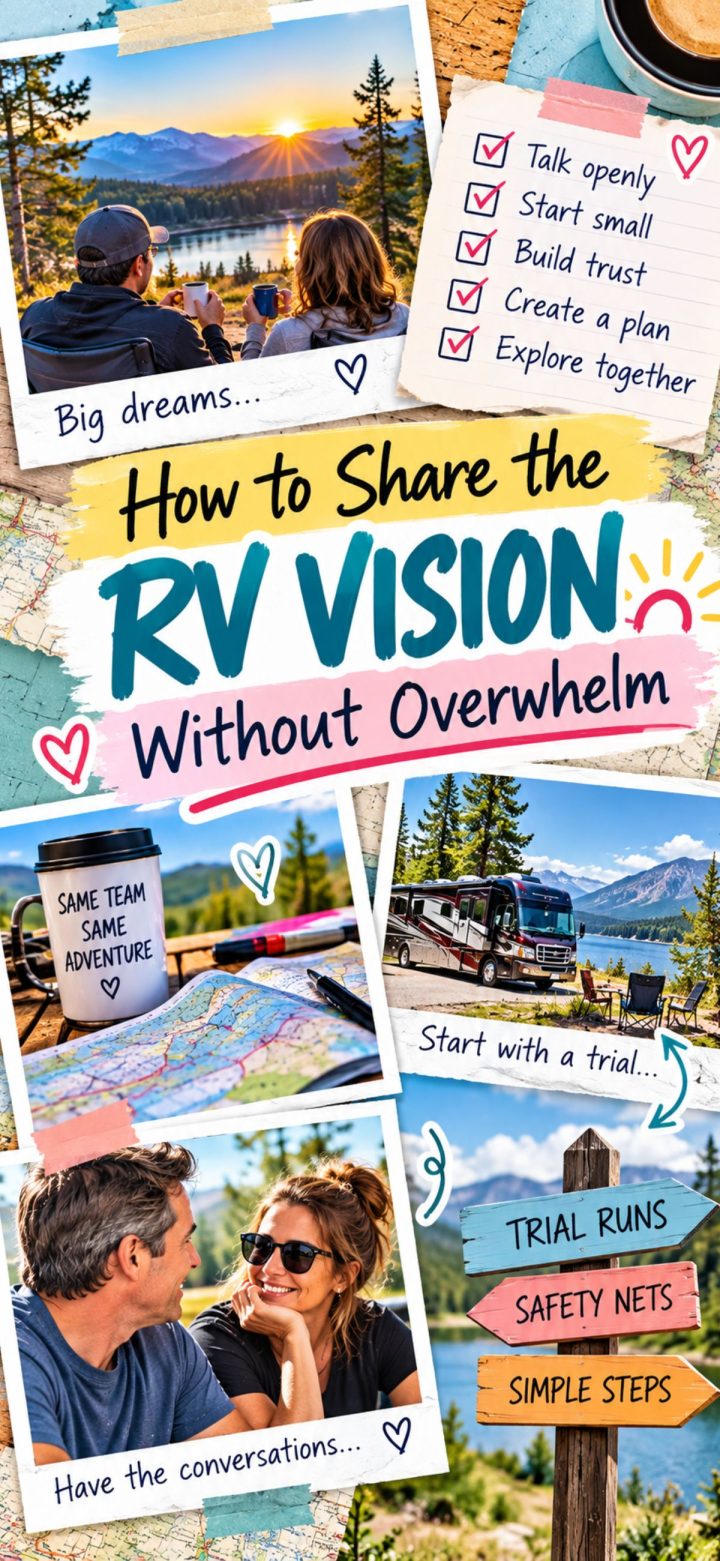 A collage shows couples planning and enjoying RV trips, with checklists about starting small, building trust, making plans, and embracing their RV vision through trial runs, safety nets, and open conversations.