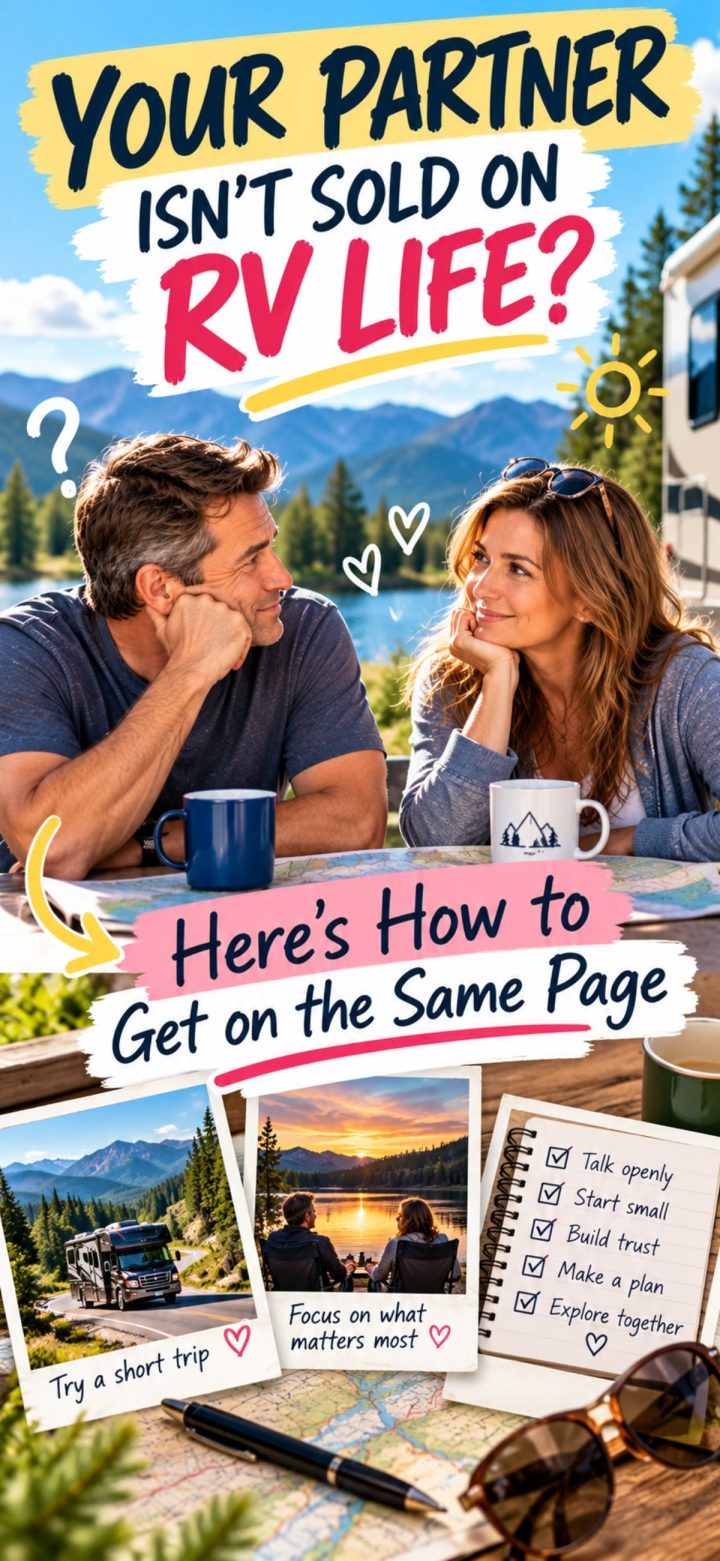 A couple sits at a table outside their RV, smiling. Text suggests tips for convincing a partner about RV life, such as talking openly, sharing your RV vision for the future, and trying a short trip.
