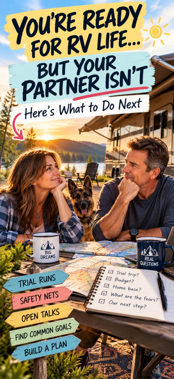 A couple sits at a table outside their RV, looking thoughtful, with a checklist, coffee mugs, and a dog in the background; text offers advice for partners hesitant about RV life and encourages them to create a shared RV vision for their journey together.