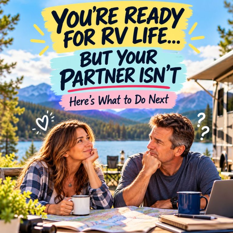 A couple sits at a table with a map and coffee outside an RV by a lake; text overlay discusses differing readiness for RV life and how sharing an RV vision can make all the difference.