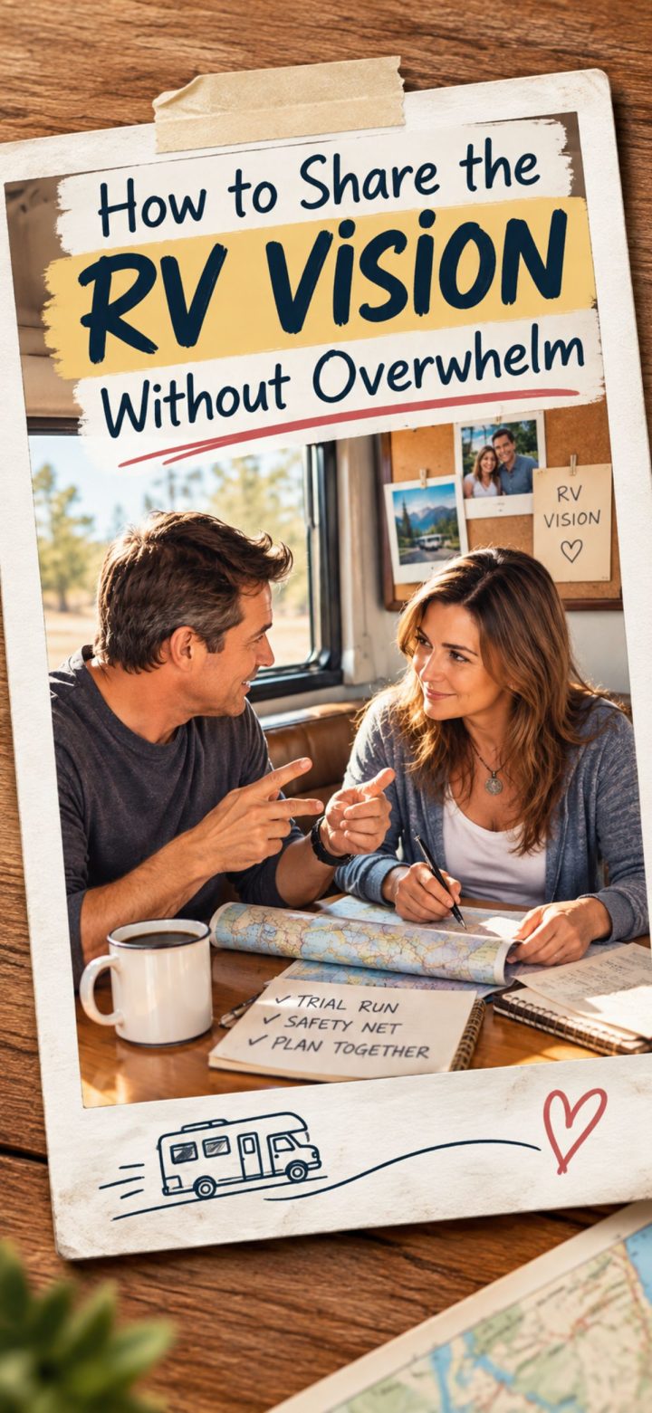 A man and woman sit at a table in an RV, discussing plans and taking notes, fueled by coffee, a map, and planning materials as they shape their RV vision for the journey ahead.