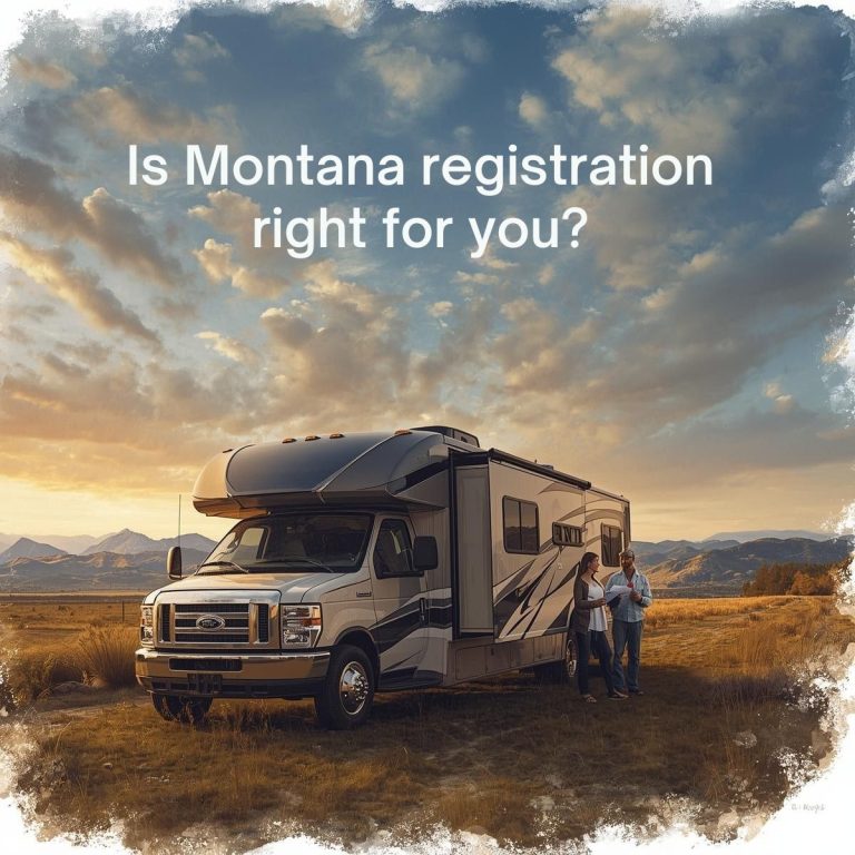 A large RV parked on open land at sunset with three people standing beside it. Text reads, "Is Montana RV Registration right for you?".