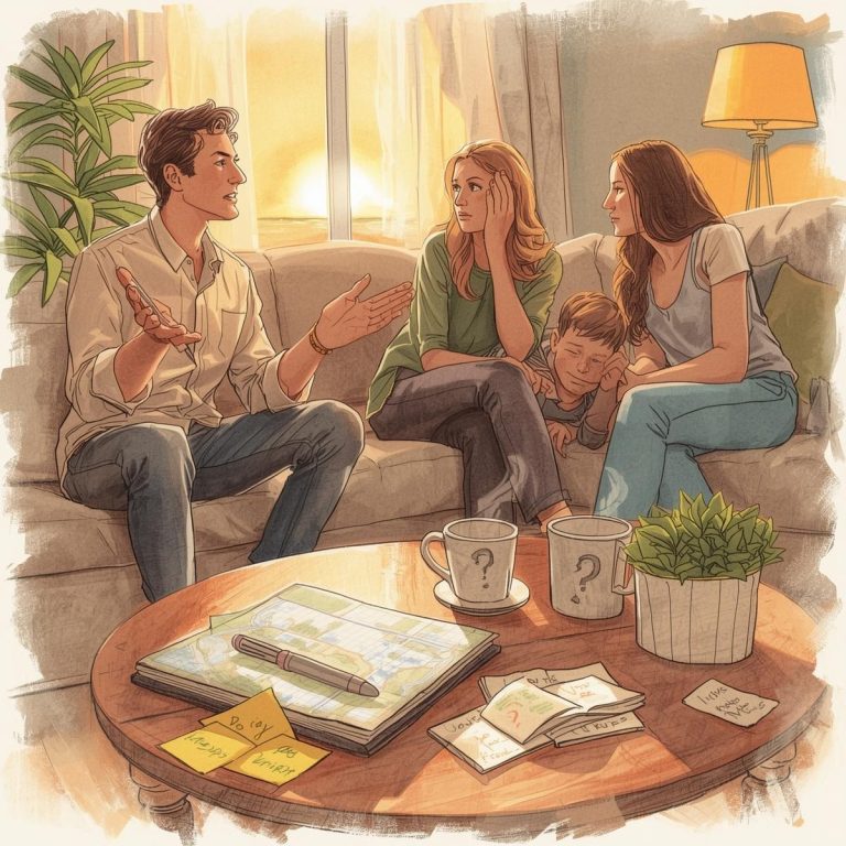 A man discusses rv life prep with three people on a couch—two women and a child—while a coffee table in front holds mugs, notes, a plant, a book, and a passport. Sunlight streams in through the window.