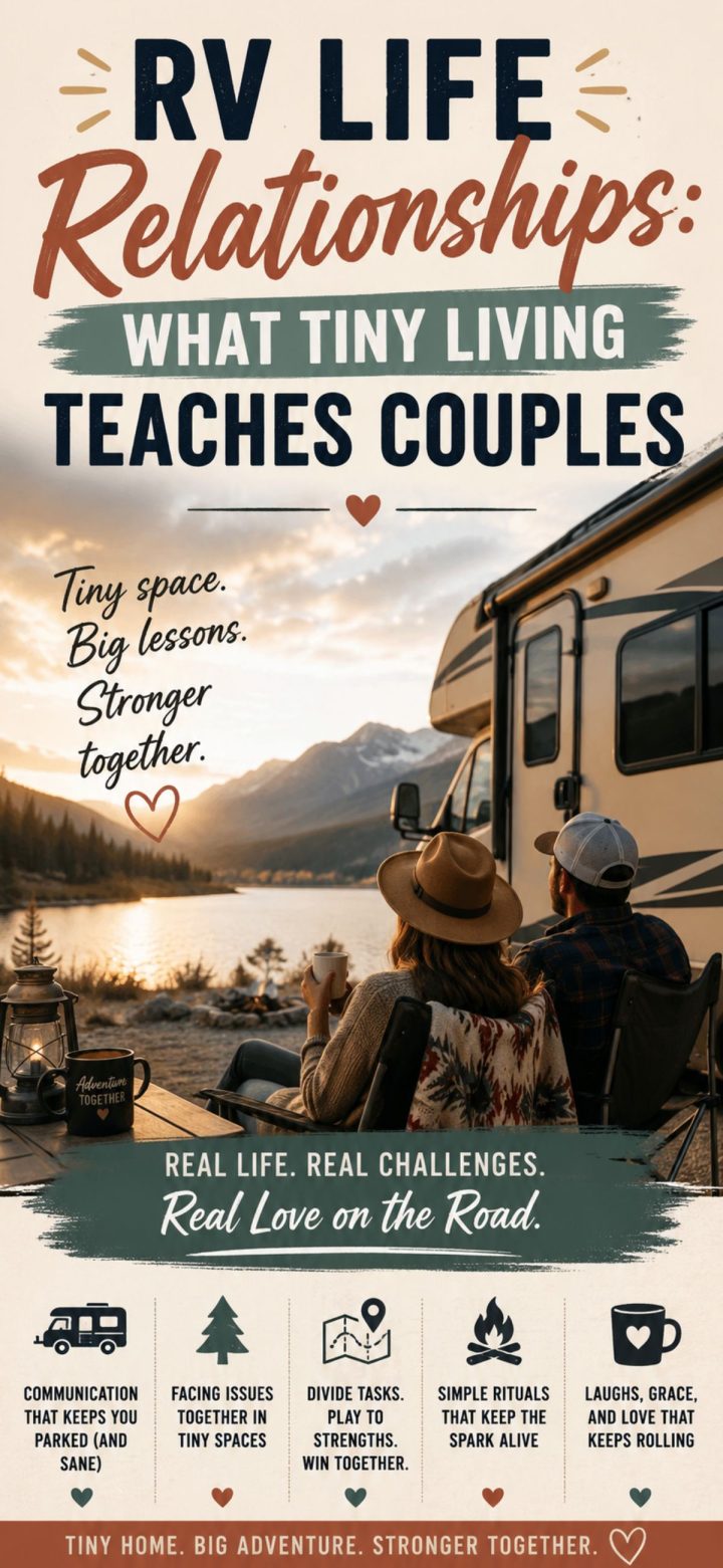 A couple sits in chairs by an RV at sunset, text highlights how rv life relationships teach couples about communication, teamwork, and overcoming challenges together on the road.
