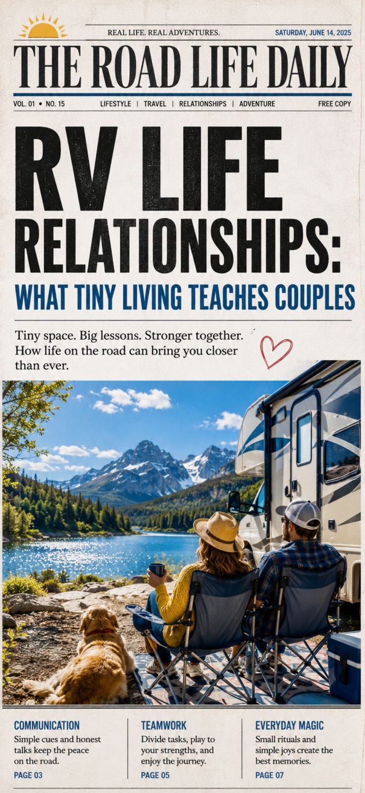 Couple sitting in chairs by a lake beside an RV, surrounded by trees and mountains, reading a newspaper filled with rv life relationships advice.