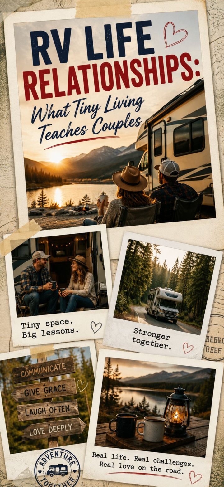 Collage of RV couples' photos, text on rv life relationships and tiny living’s impact on couples, with scenes of RVs, campfires, camping gear, and tips for couples living on the road.