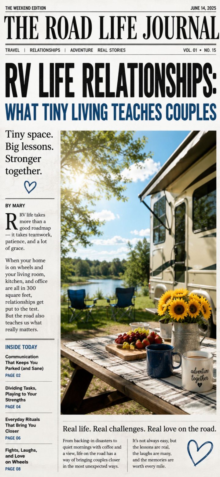 Front page of a travel newspaper with an article about RV life relationships—featuring an outdoor table adorned with fresh flowers and two mugs, an inviting RV, and lush surrounding greenery.