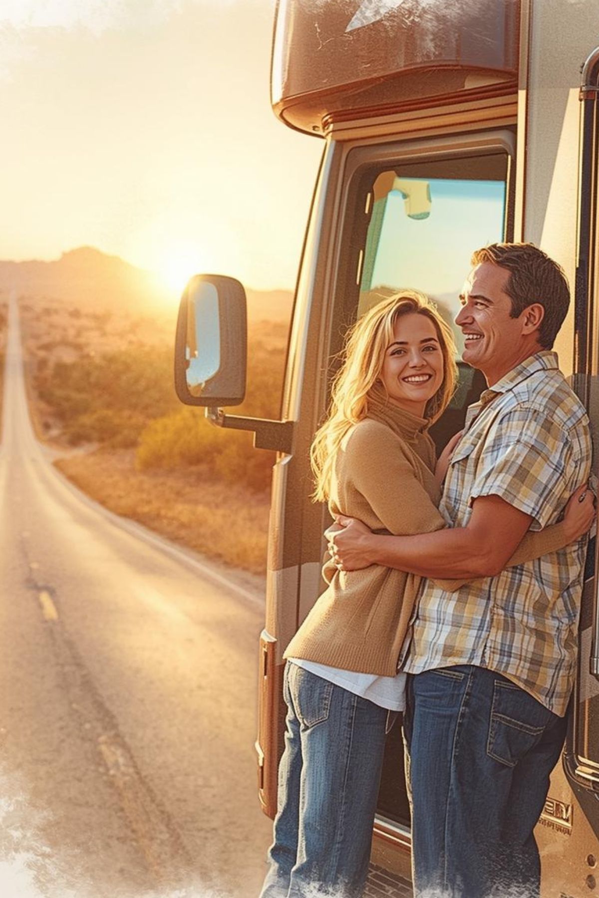 A couple embraces next to a parked RV on an empty road at sunset, with open landscape and a clear sky in the background, capturing the spirit of adventure that inspires so many rv sales.