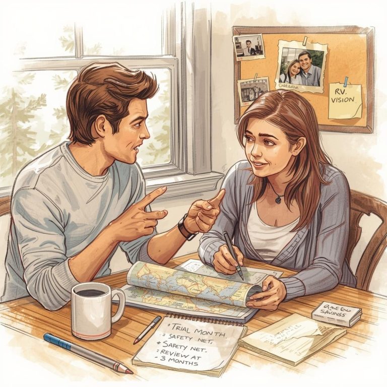 Two people sit at a table planning their RV vision with a map and notes. A coffee mug, notepad, and documents are spread out, while a corkboard with photos and reminders hangs on the wall behind them.
