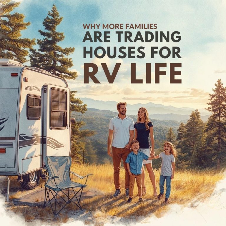 A family of four stands beside an RV in a scenic outdoor setting with trees and mountains, highlighting their journey of Trading Houses for RV Life.