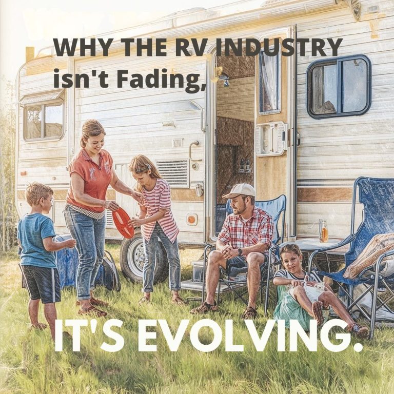 A family sits and stands outside an RV, engaging in activities together. Text reads: "Why the RV industry isn't fading—rv sales are thriving. It's evolving.