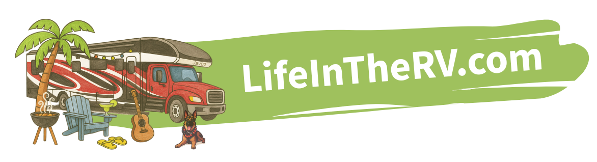 Illustration of an RV, palm tree, grill, chairs, guitar, dog, and frisbees with the text "LifeInTheRV.com" on a green background—perfectly capturing the laid-back spirit of life in the RV.
