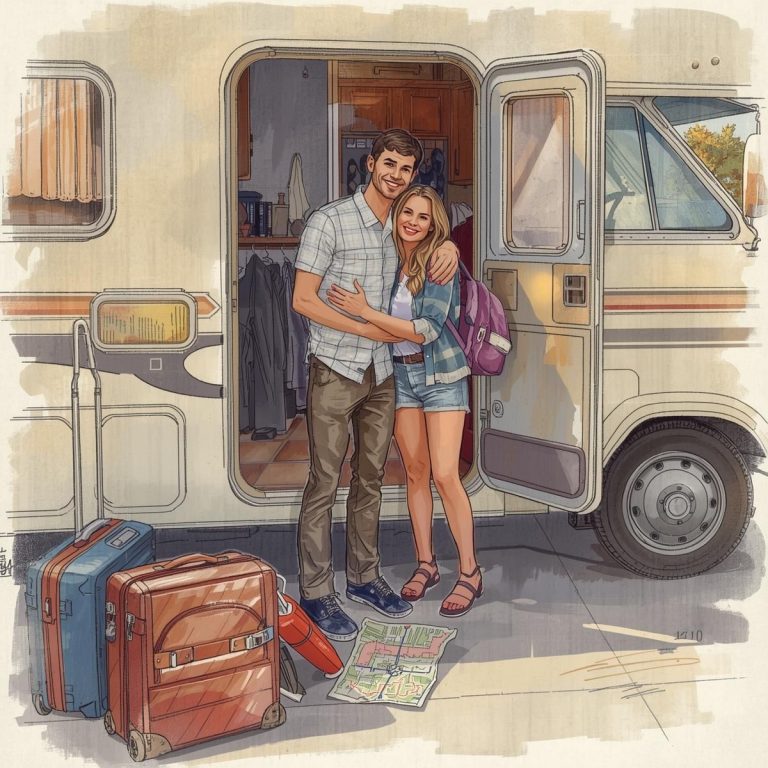A smiling couple stands embracing in front of an open RV door, with suitcases and a paper map on the ground beside them, capturing the excitement and togetherness that come with RV life relationships.