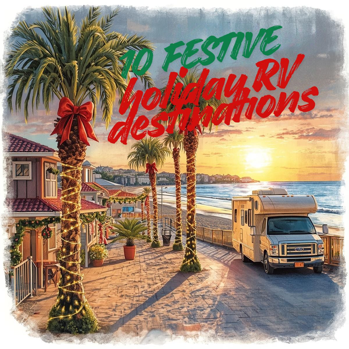 An RV is parked by a beachside walkway lined with palm trees decorated with holiday lights and bows at sunset. Text reads "10 Festive Holiday RV Destinations"—your guide to the season’s best Holiday RV Destinations.