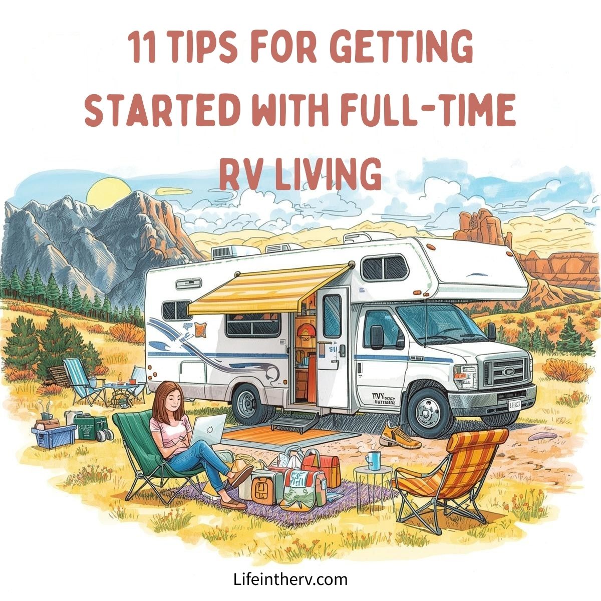 A woman sits on a chair with a laptop near an RV parked at a campsite, embracing full-time RV living amid mountains and trees; camping gear is set up outside. Text: "11 Tips for Getting Started with Full-Time RV Living.
