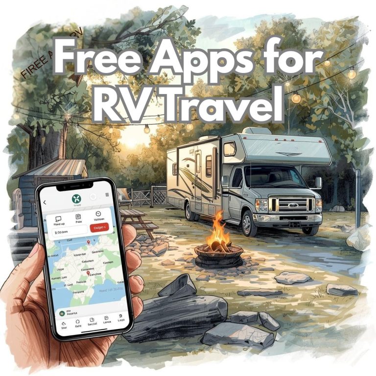 A person holds a smartphone displaying Free Apps for RV Travel in front of an RV at a campsite with a fire pit; text reads “Free Apps for RV Travel.”.