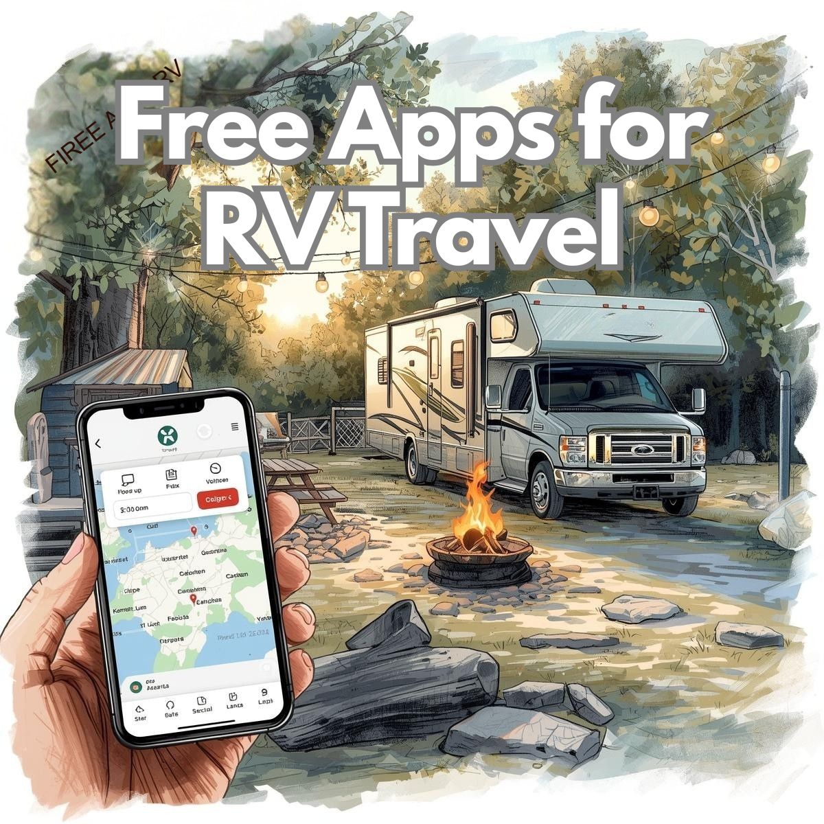 A person holds a smartphone displaying Free Apps for RV Travel in front of an RV at a campsite with a fire pit; text reads “Free Apps for RV Travel.”.