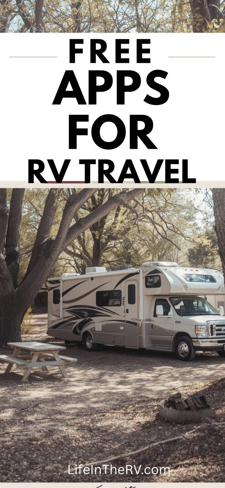 A motorhome is parked at a campsite with trees and a picnic table; text above reads "Discover Free Apps for RV Travel.