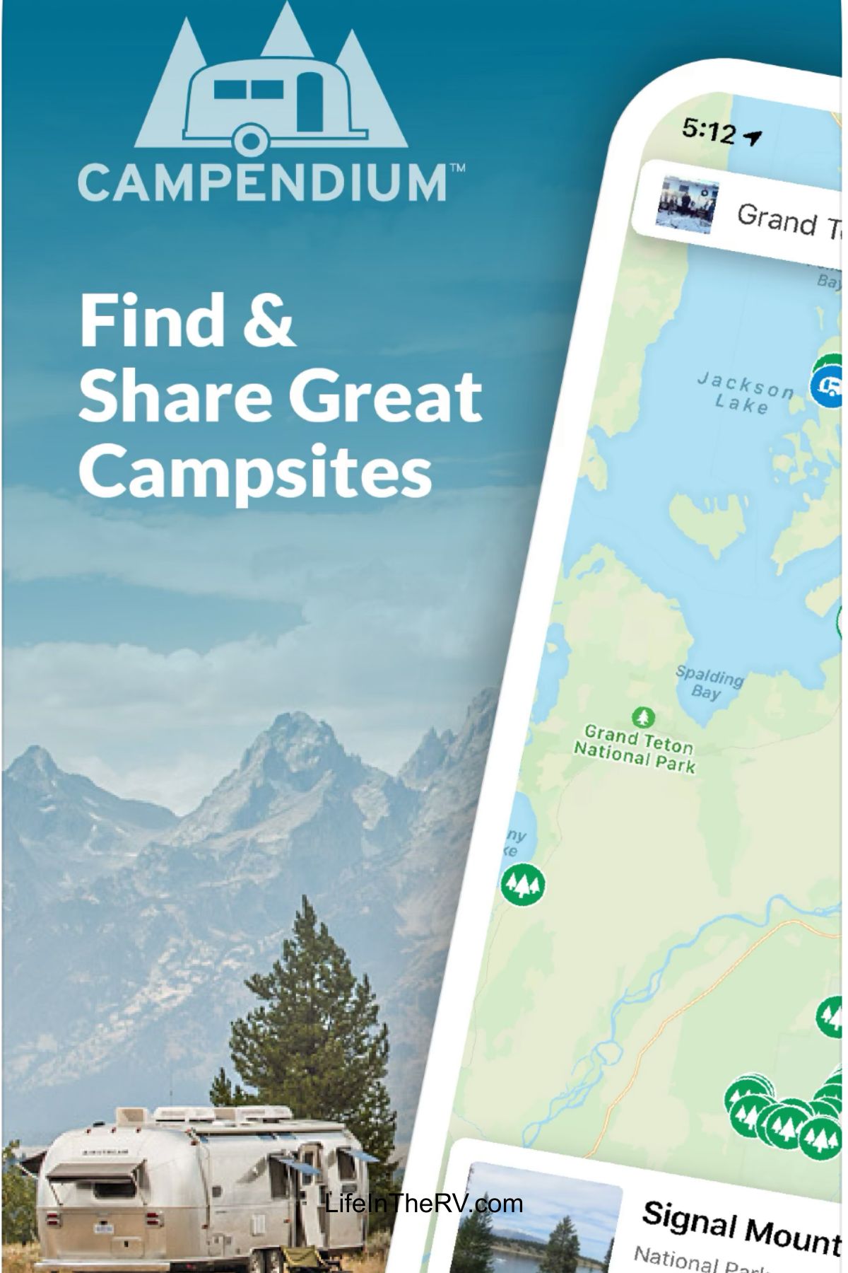 A promotional image for Campendium shows a silver RV with mountains in the background, a partial map of Grand Teton National Park, and text: "Find & Share Great Campsites. Discover Free Apps for RV Travel.