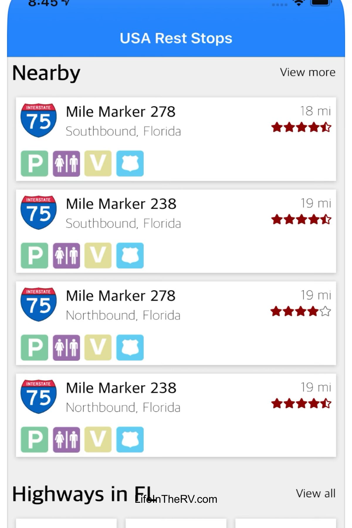 Screenshot of a mobile app, one of the top free apps for RV travel, listing nearby I-75 rest stops in Florida with mile markers, amenities icons, distances, and user ratings.