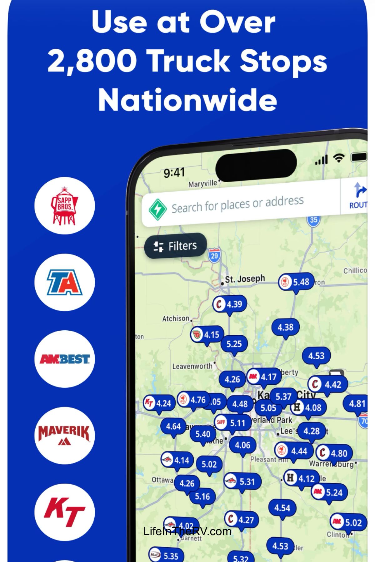 A smartphone displays a map with fuel prices, highlighting Free Apps for RV Travel; text reads "Use at Over 2,800 Truck Stops Nationwide" with truck stop logos listed on the left.