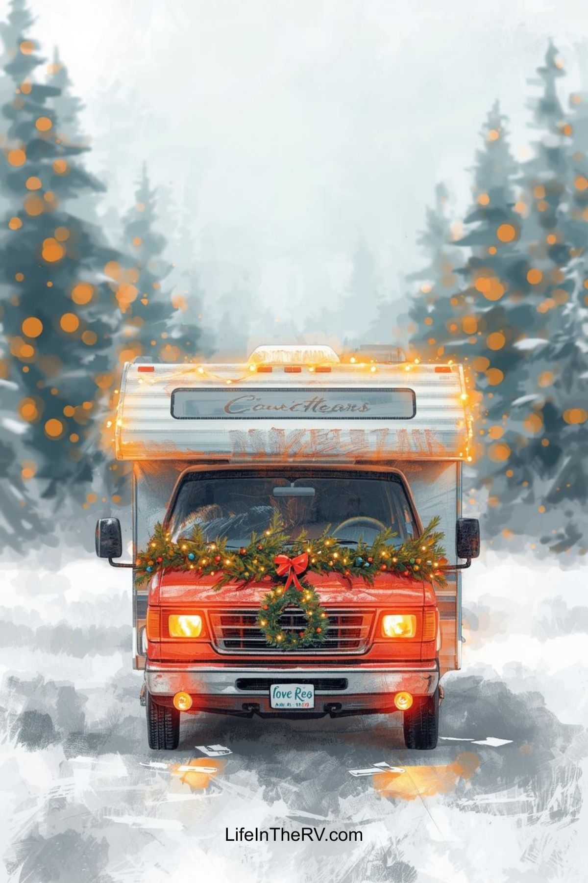 A red RV decorated with a holiday wreath drives through a snowy, pine tree-lined road with festive lights in the background.
