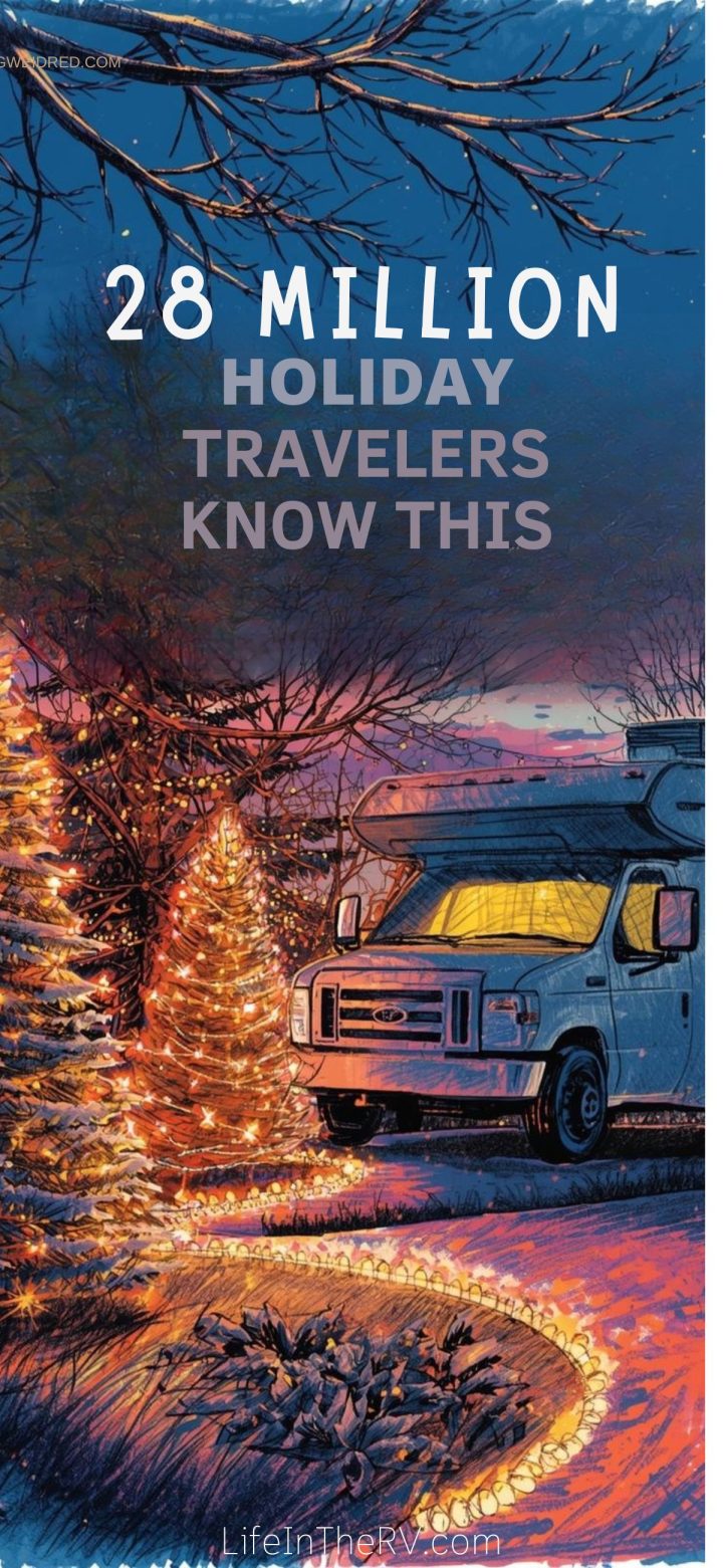 A decorated RV is parked by a lit Christmas tree and holiday lights at dusk. Text reads: "28 MILLION HOLIDAY TRAVELERS KNOW THIS. LifeInTheRV.com.
