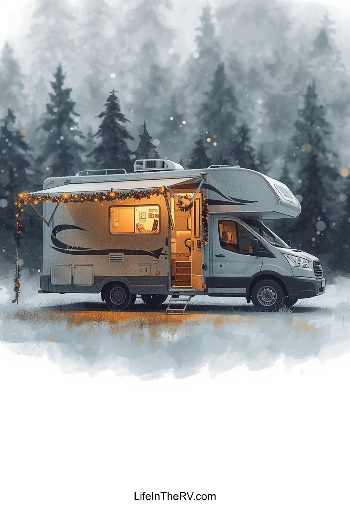 A camper RV with lights is parked in a snowy forest clearing at dusk. The RV door is open, revealing a warmly lit interior. Pine trees are visible in the background.