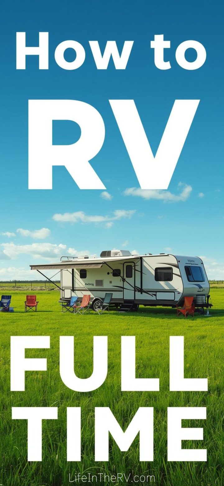 A travel trailer parked on green grass under a blue sky, with camping chairs set up outside; large text reads "How to RV Full Time"—discover essential tips on how to RV full-time and embrace life on the road.