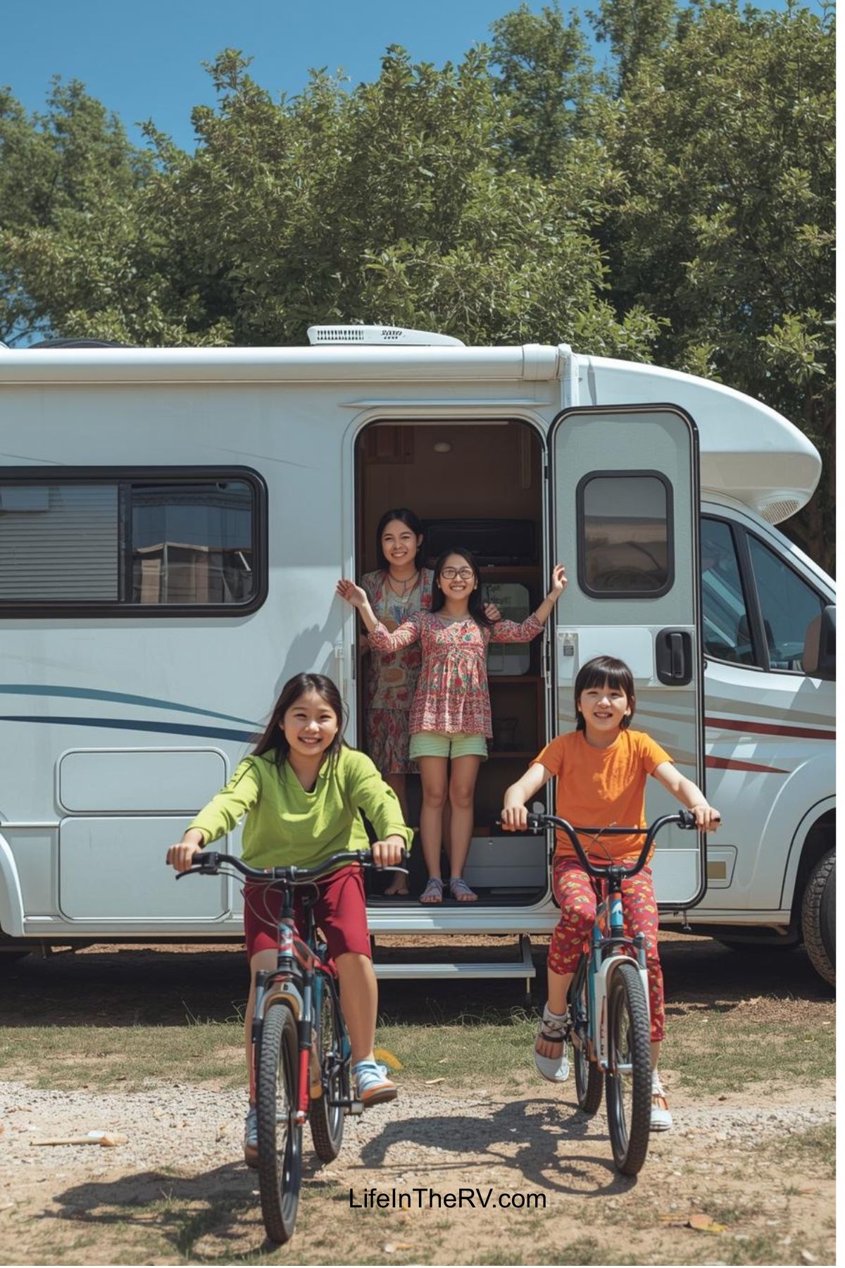 Three children with bicycles are in front of a parked RV, with an adult and another child standing in the RV doorway—an inspiring glimpse into how to RV full-time on a sunny day.