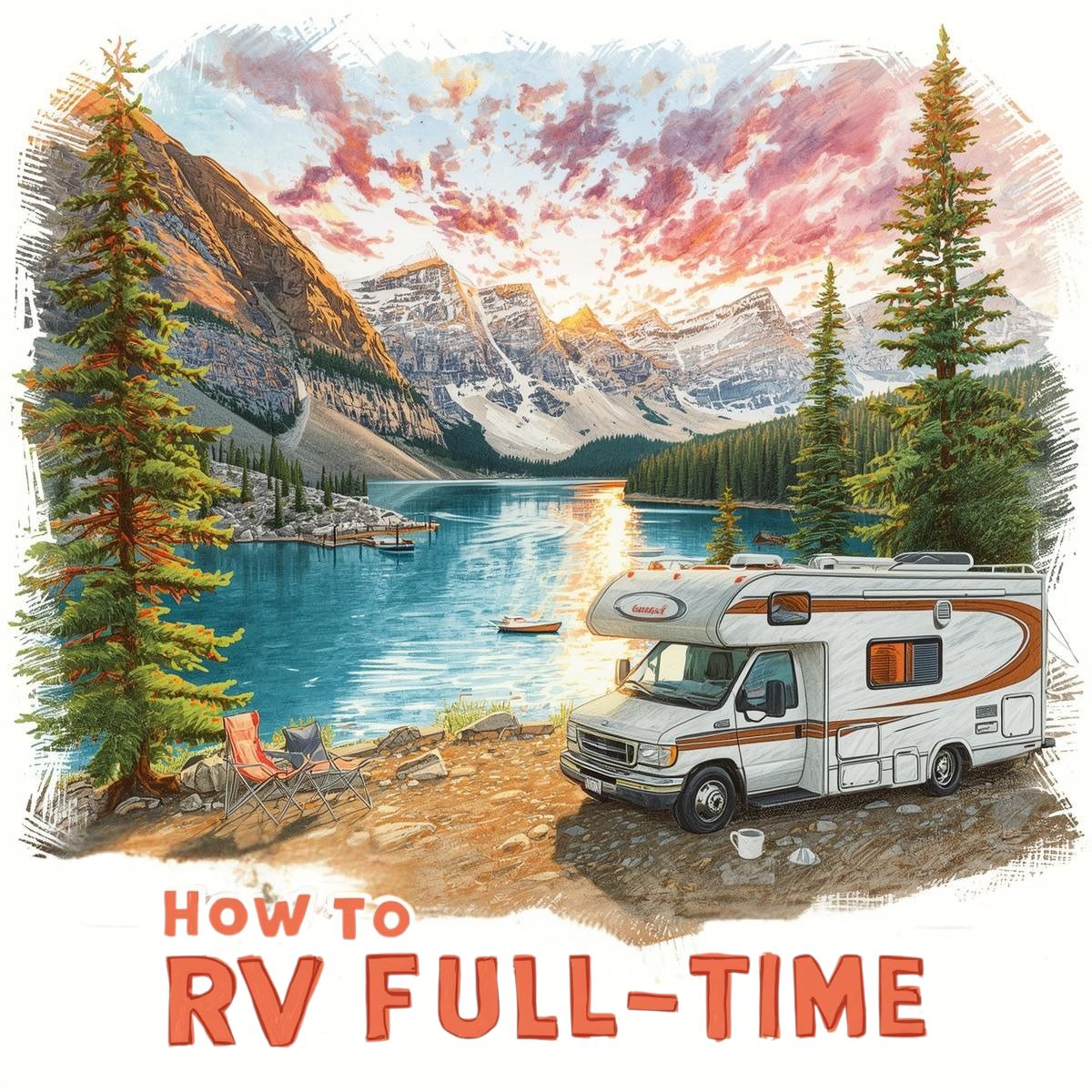 Illustrated scene of an RV parked by a lake with pine trees, mountains, and a sunset sky; text reads "How to RV Full-Time"—a perfect visual guide for those curious about how to RV full-time and embrace the open-road lifestyle.