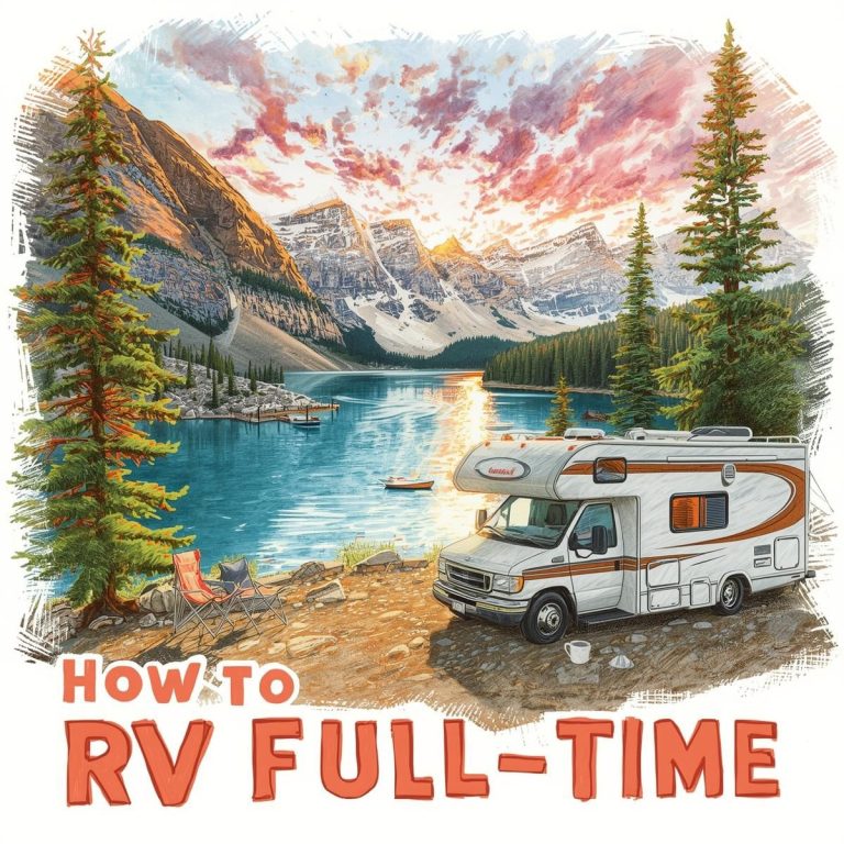 A motorhome parked by a mountain lake at sunset, with camp chairs and trees nearby. Text reads, "How to RV Full-Time"—your guide on how to RV full-time and embrace adventure every day.