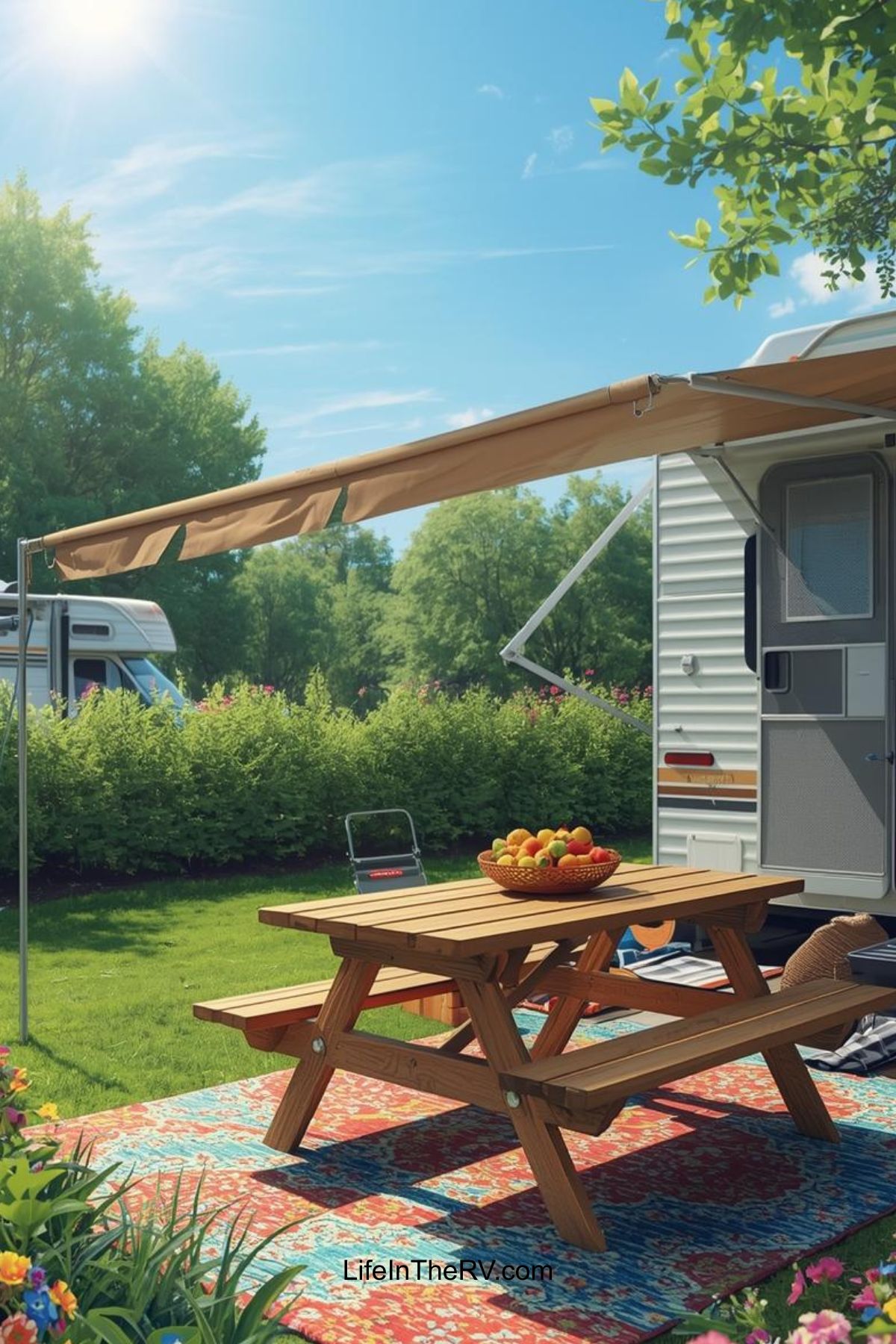 A wooden picnic table with a bowl of fruit sits on a colorful rug outside a camper with an extended awning—a cozy scene that captures how to RV full-time, surrounded by greenery under a clear blue sky.