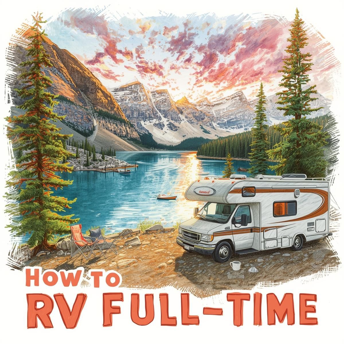 A motorhome parked by a mountain lake at sunset, with camp chairs and trees nearby. Text reads, "How to RV Full-Time"—your guide on how to RV full-time and embrace adventure every day.