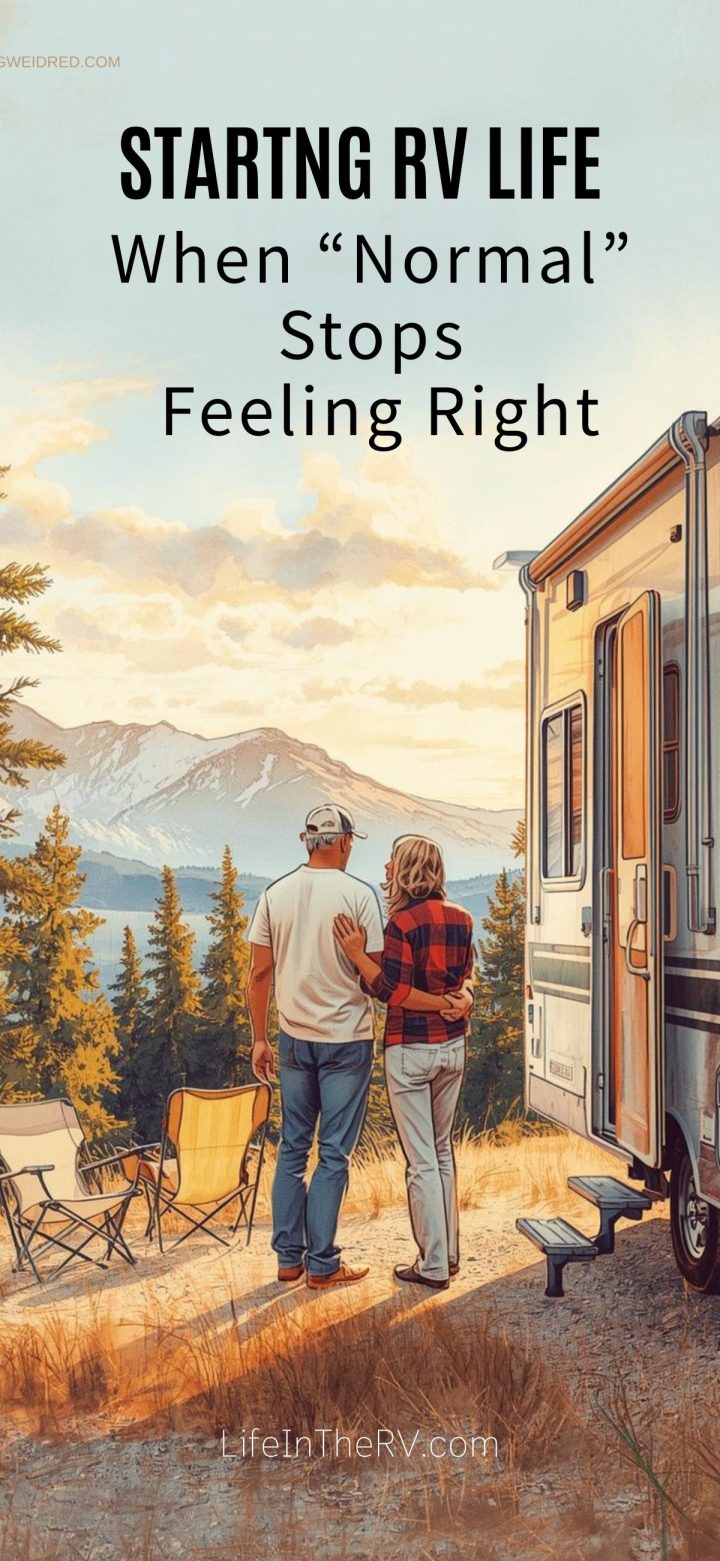 A couple stands beside an RV overlooking a scenic mountain landscape, embodying the freedom of the RV lifestyle when "normal" no longer feels right.