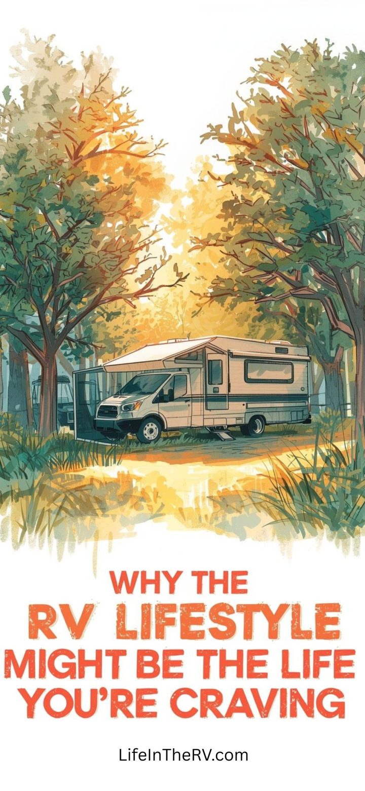 An RV is parked in a scenic, sunlit forest clearing with trees around. Text reads: "Discover why the RV lifestyle might be the life you're craving. LifeInTheRV.com.